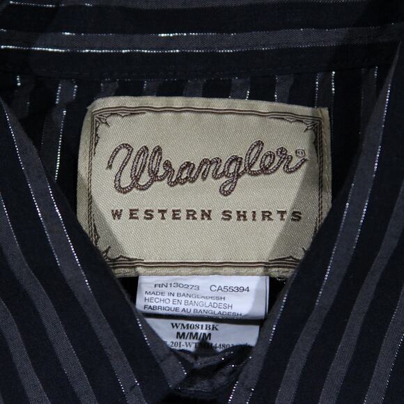 Wrangler Western Button Down Shirt Men M Black Striped Silver Threads Pearl Snap - Picture 4 of 8